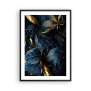 Poster in cornice nera - Foglie dorate su uno sfondo blu navy intenso - 50x70cm - Foderati d'oro - Decorazione murale moderna per soggiorno e camera da letto ARTTOR