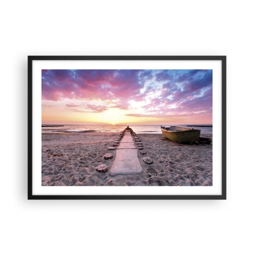 Poster in cornice nera - Spiaggia all'alba con barca e molo - 70x50cm - Un momento profondo - Decorazione murale moderna per soggiorno e camera da letto ARTTOR