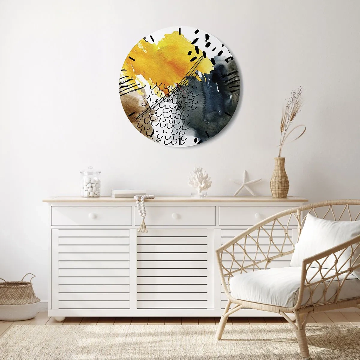 Orologio da parete - Orologio in Vetro - Motivo astratto in giallo, blu navy e nero - 30x30cm - L'incontro degli elementi - Decorazione murale moderna per soggiorno, cucina e camera da letto ARTTOR