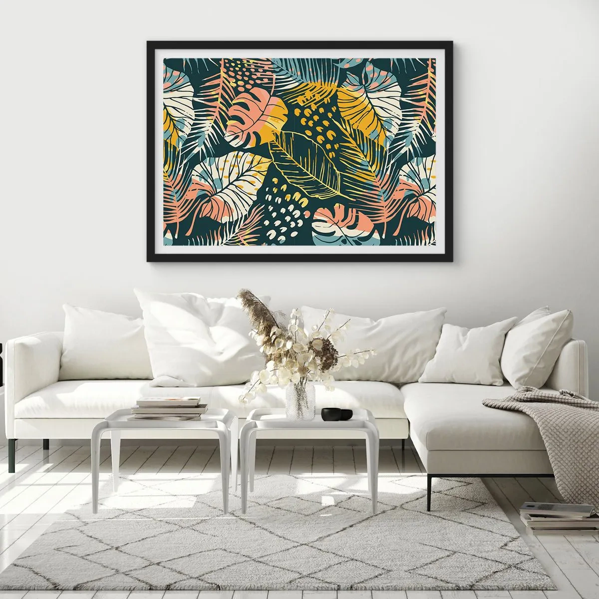 Poster in cornice nera - Fantasia di foglie - 91x61 cm