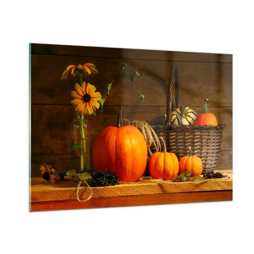 Quadro su vetro - Natura morta autunnale con zucche e fiori - 100x70cm - Composizione rustica: i doni dell'autunno - Decorazione murale moderna per soggiorno e camera da letto ARTTOR