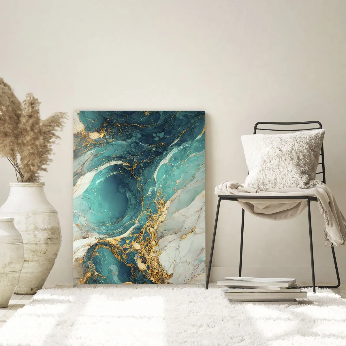 Quadro su vetro - Composizione astratta con venature turchesi e dorate - 50x70cm - Composizione con vene d'oro - Decorazione murale moderna per soggiorno e camera da letto ARTTOR