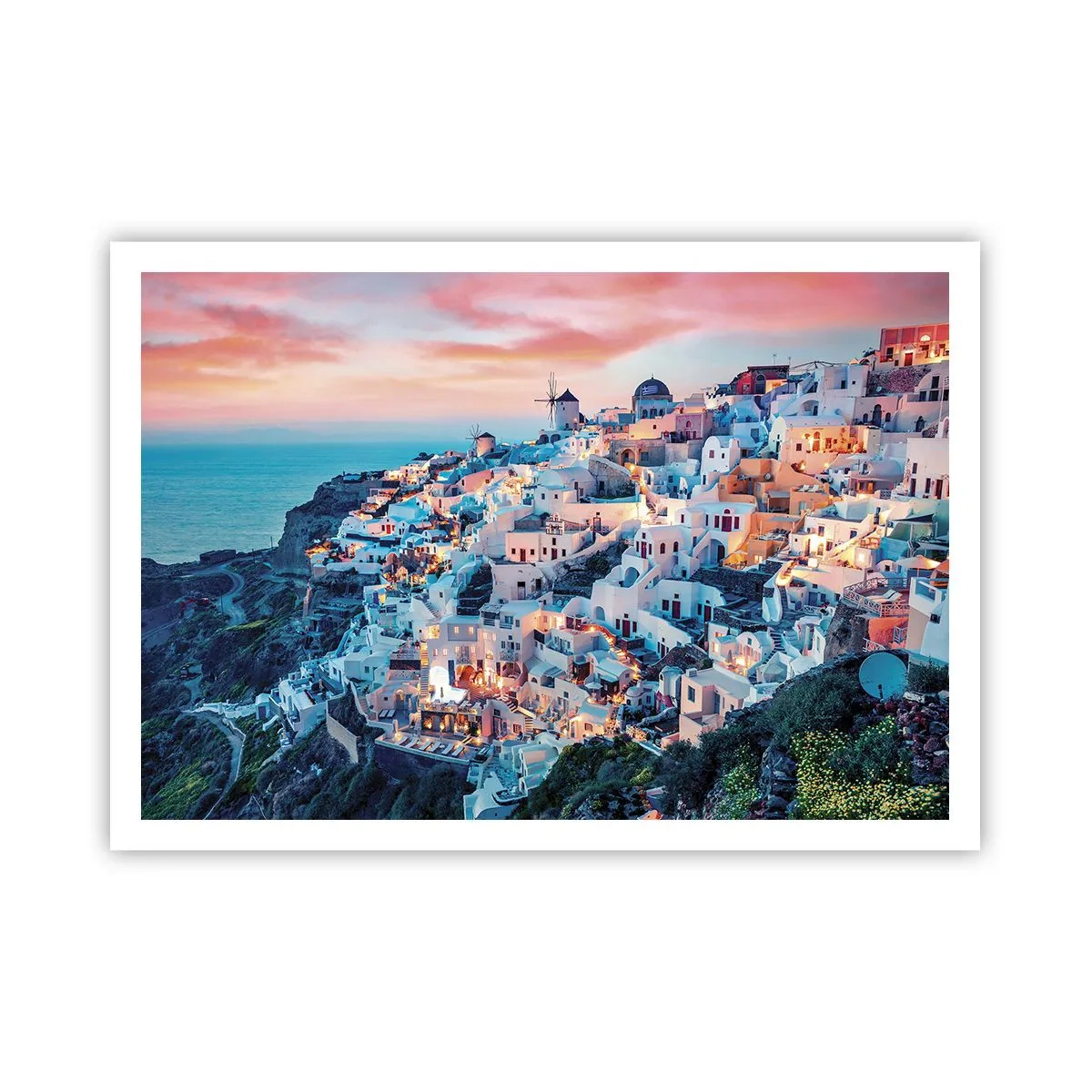 Poster - Santorini al tramonto con edifici bianchi sulla collina - 100x70cm - La tua grossa vacanza greca - Decorazione murale moderna per soggiorno e camera da letto ARTTOR