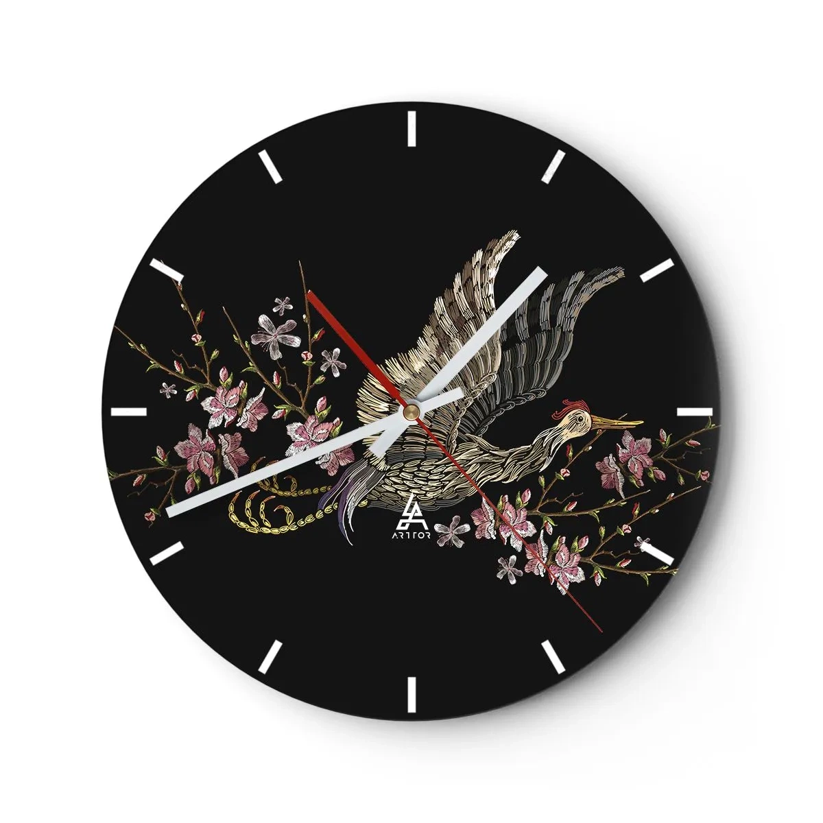 Orologio da parete - Orologio in Vetro - Un uccello in volo tra i fiori su uno sfondo nero - 30x30cm - Uccello esotico ricamato - Decorazione murale moderna per soggiorno, cucina e camera da letto ARTTOR