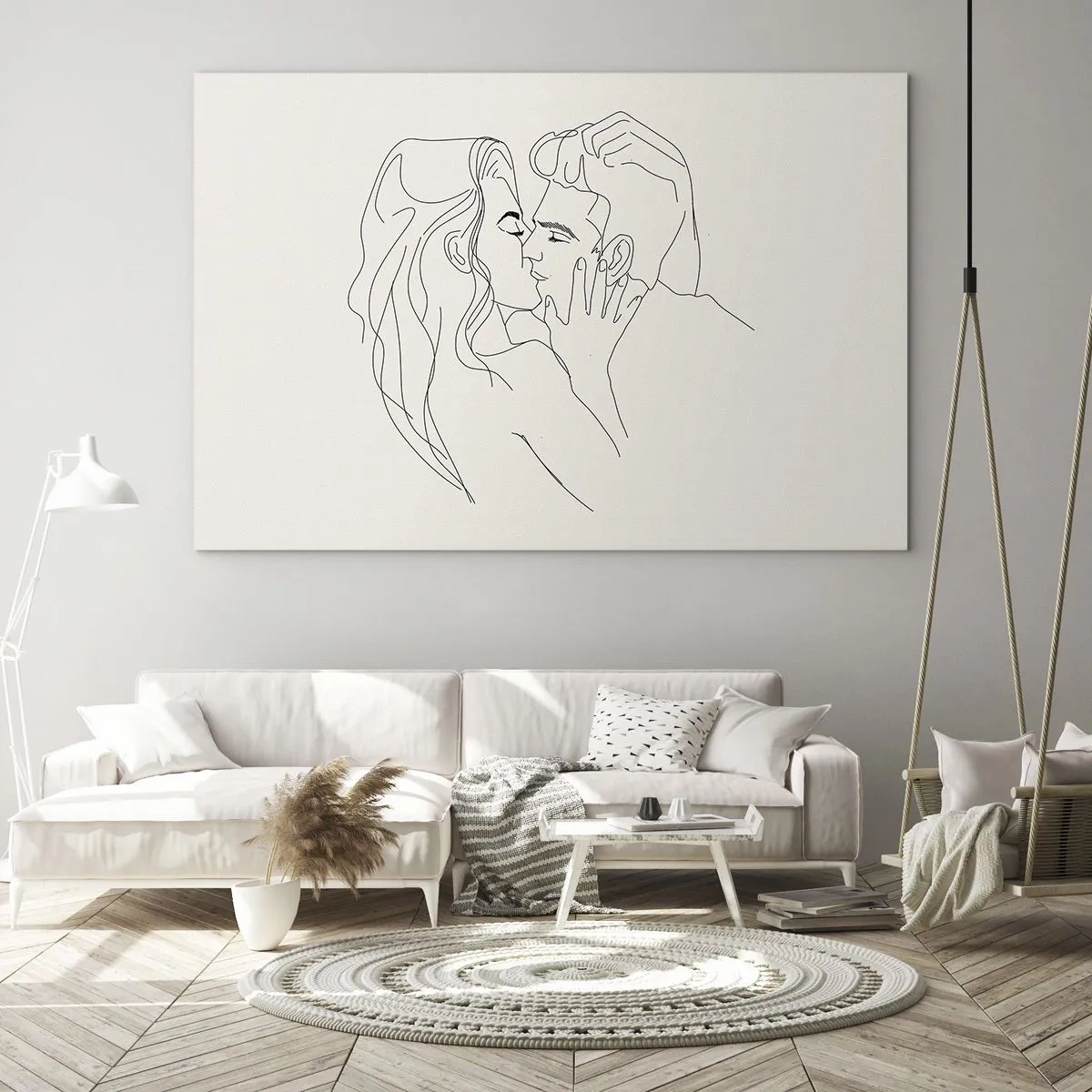 Quadro su vetro - Un bacio sensuale di una coppia nella linea di contorno - 70x50cm - Intrecciati dal sentimento - Decorazione murale moderna per soggiorno e camera da letto ARTTOR