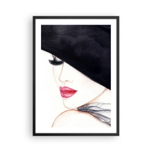 Poster in cornice nera - Ritratto di una donna con un cappello nero e labbra rosse - 50x70cm - Eleganza e sensualità - Decorazione murale moderna per soggiorno e camera da letto ARTTOR