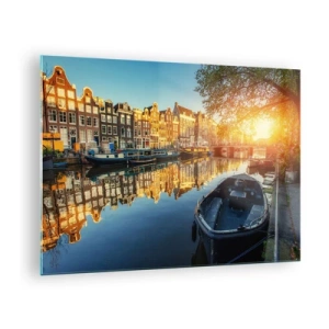 Quadro su vetro - Canale di Amsterdam al tramonto - 70x50cm - L'alba ad Amsterdam - Decorazione murale moderna per soggiorno e camera da letto ARTTOR