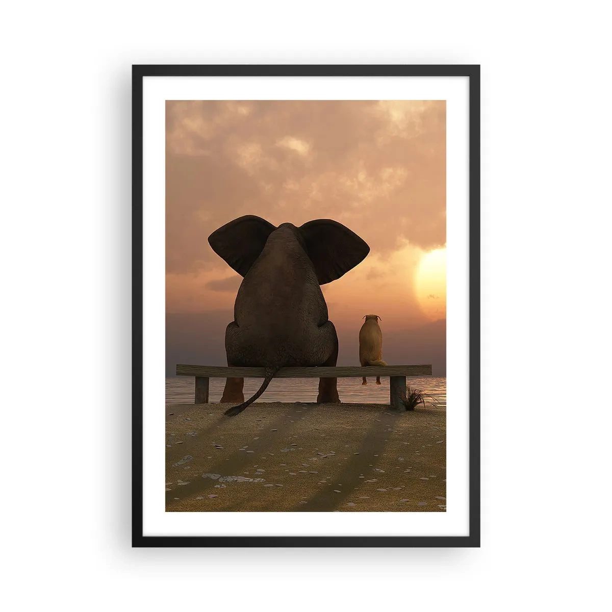 Poster in cornice nera - Elefante e cane su una panchina al tramonto - 50x70cm - A volte bisogna tacere - Decorazione murale moderna per soggiorno e camera da letto ARTTOR