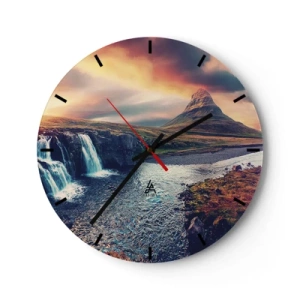Orologio da parete - Orologio in Vetro - Paesaggio montano con cascata al tramonto - 30x30cm - Nella maestà della natura - Decorazione murale moderna per soggiorno, cucina e camera da letto ARTTOR
