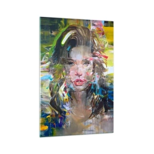 Quadro su vetro - Ritratto astratto di una donna dai colori intensi - 70x100cm - Dietro una tenda di vento - Decorazione murale moderna per soggiorno e camera da letto ARTTOR