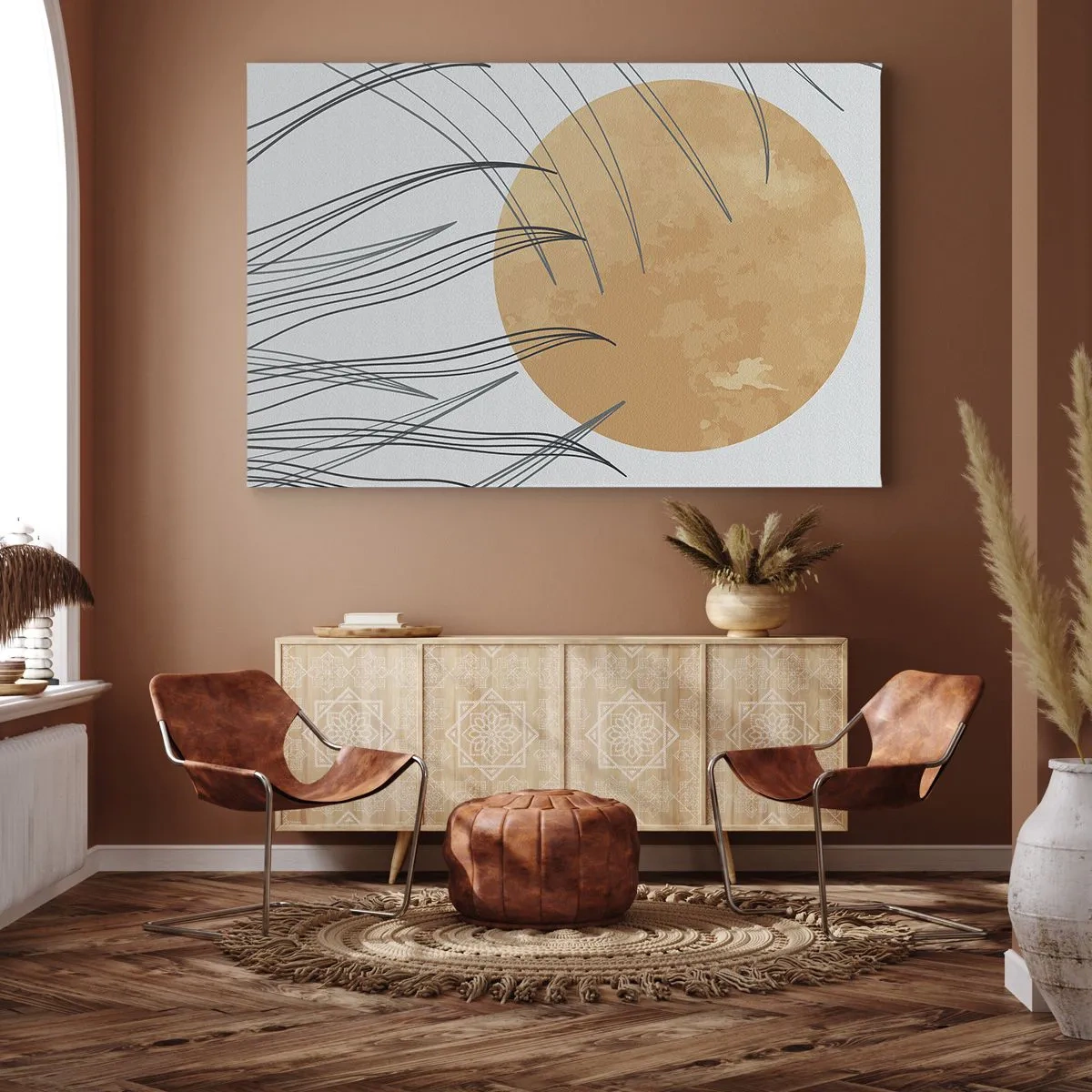 Quadro su tela - Stampe su Tela - Fili d'erba astratti sullo sfondo di un grande sole arancione - 70x50cm - Sempre verso il sole - Decorazione murale moderna per soggiorno e camera da letto ARTTOR