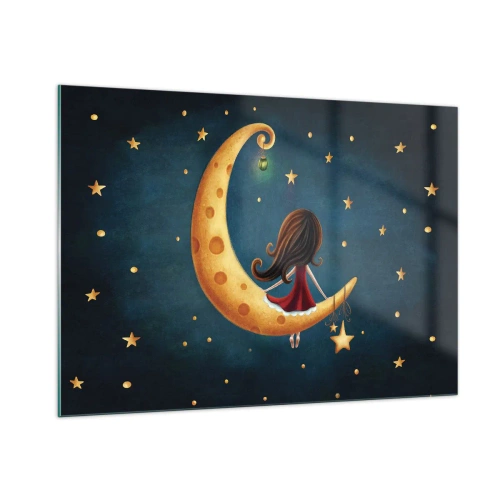 Quadro su vetro - Una ragazza sulla luna tra le stelle su uno sfondo blu navy - 100x70cm - Una volta... - Decorazione murale moderna per soggiorno e camera da letto ARTTOR
