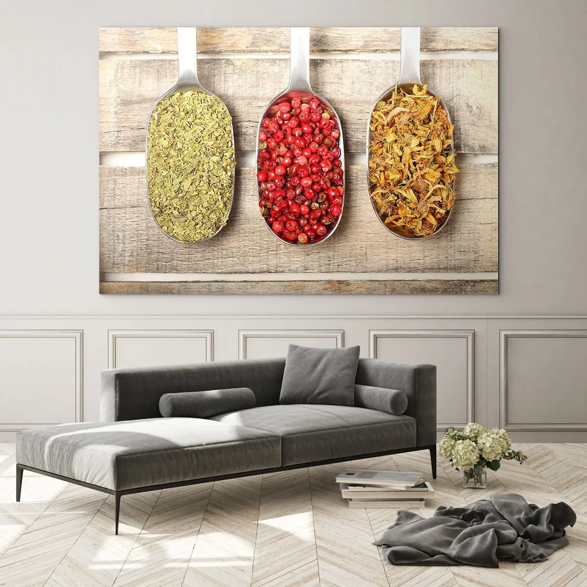 Quadro su vetro - Tre cucchiai con spezie su uno sfondo rustico di legno - 70x50cm - Magia in cucina - Decorazione murale moderna per soggiorno e camera da letto ARTTOR