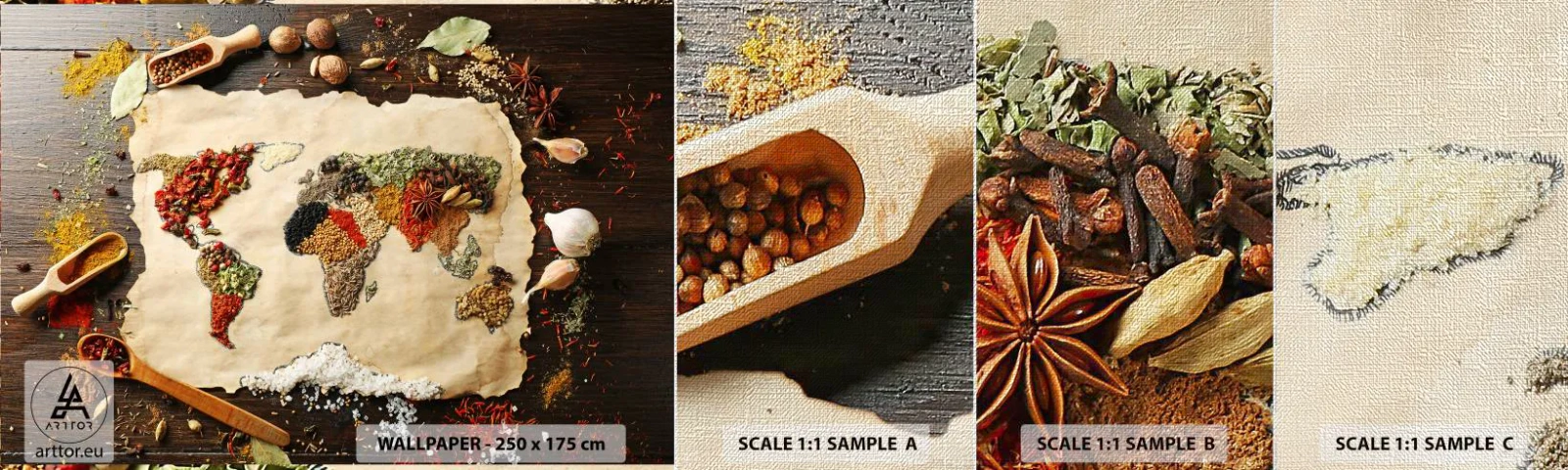 Campione di Fotomurale Premium Canvas - Tutti i gusti del mondo - Gastronomia, Mappa del mondo, Spezie secche - 100x30 cm