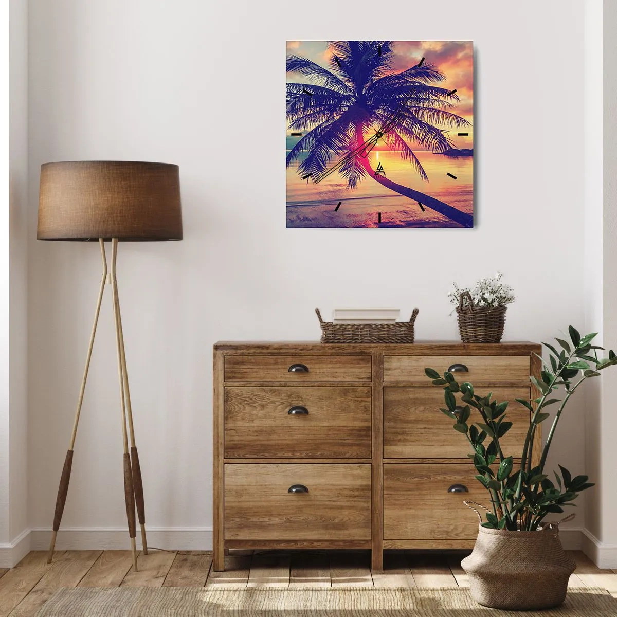 Orologio da parete - Orologio in Vetro - Tramonto con una palma su una riva tranquilla - 30x30cm - Sera sotto le palme - Decorazione murale moderna per soggiorno e camera da letto ARTTOR
