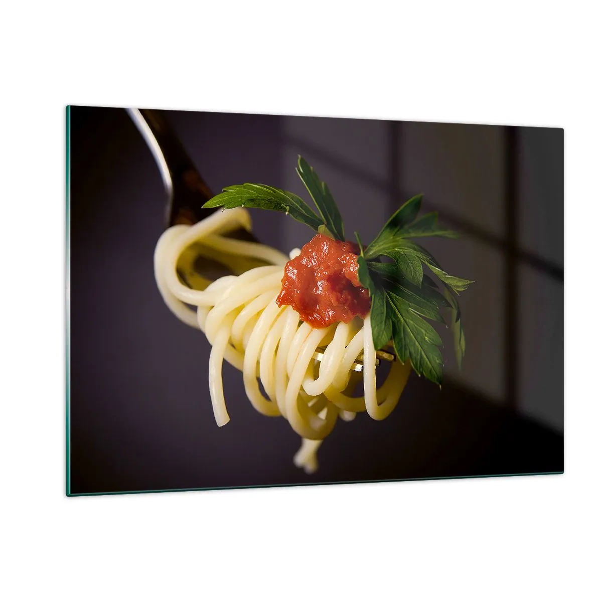 Quadro su vetro - Spaghetti alla forchetta con salsa di pomodoro - 120x80cm - Un boccone delizioso - Decorazione murale moderna per soggiorno e camera da letto ARTTOR