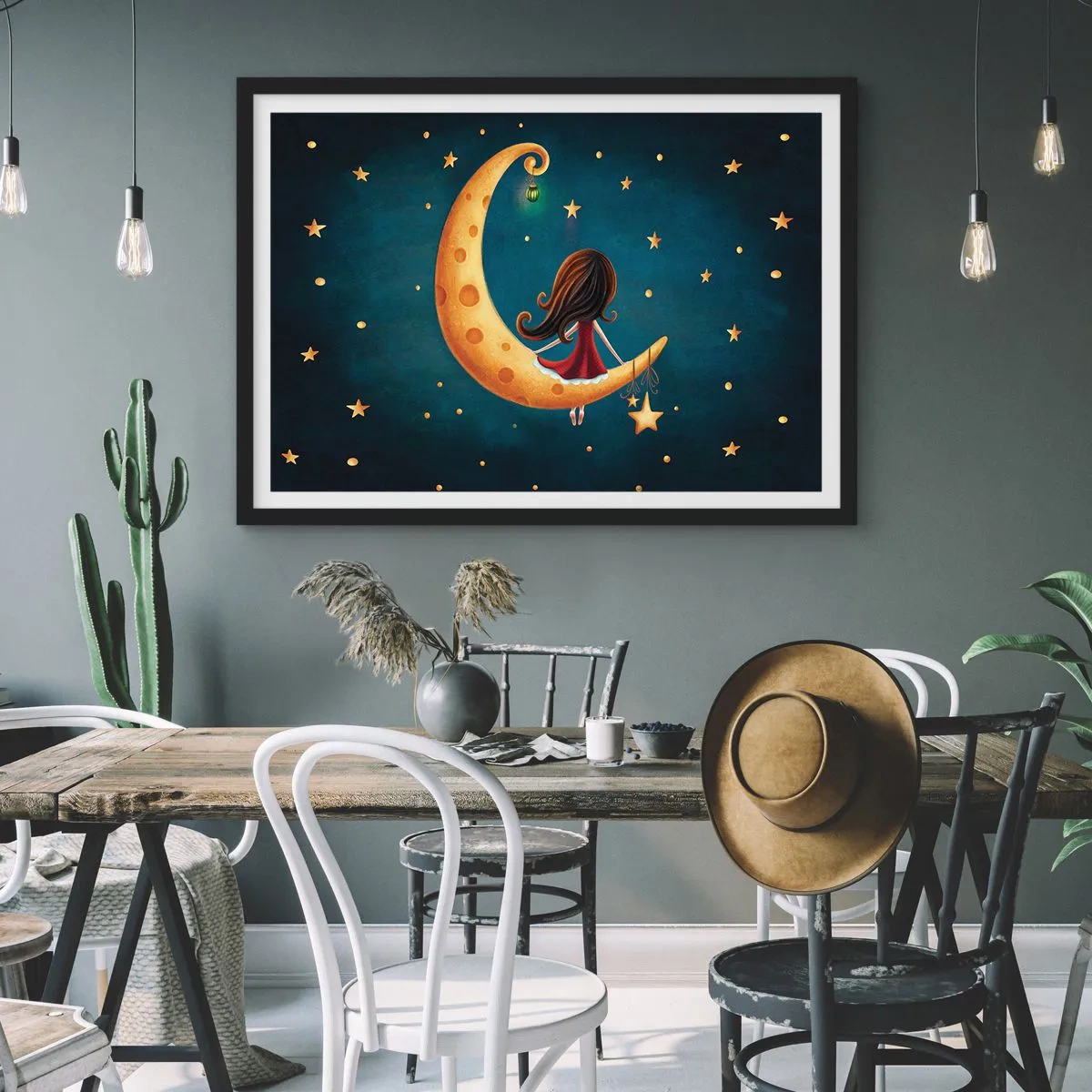 Poster in cornice nera - Una ragazza sulla luna circondata dalle stelle - 100x70cm - Una volta... - Decorazione murale moderna per soggiorno e camera da letto ARTTOR
