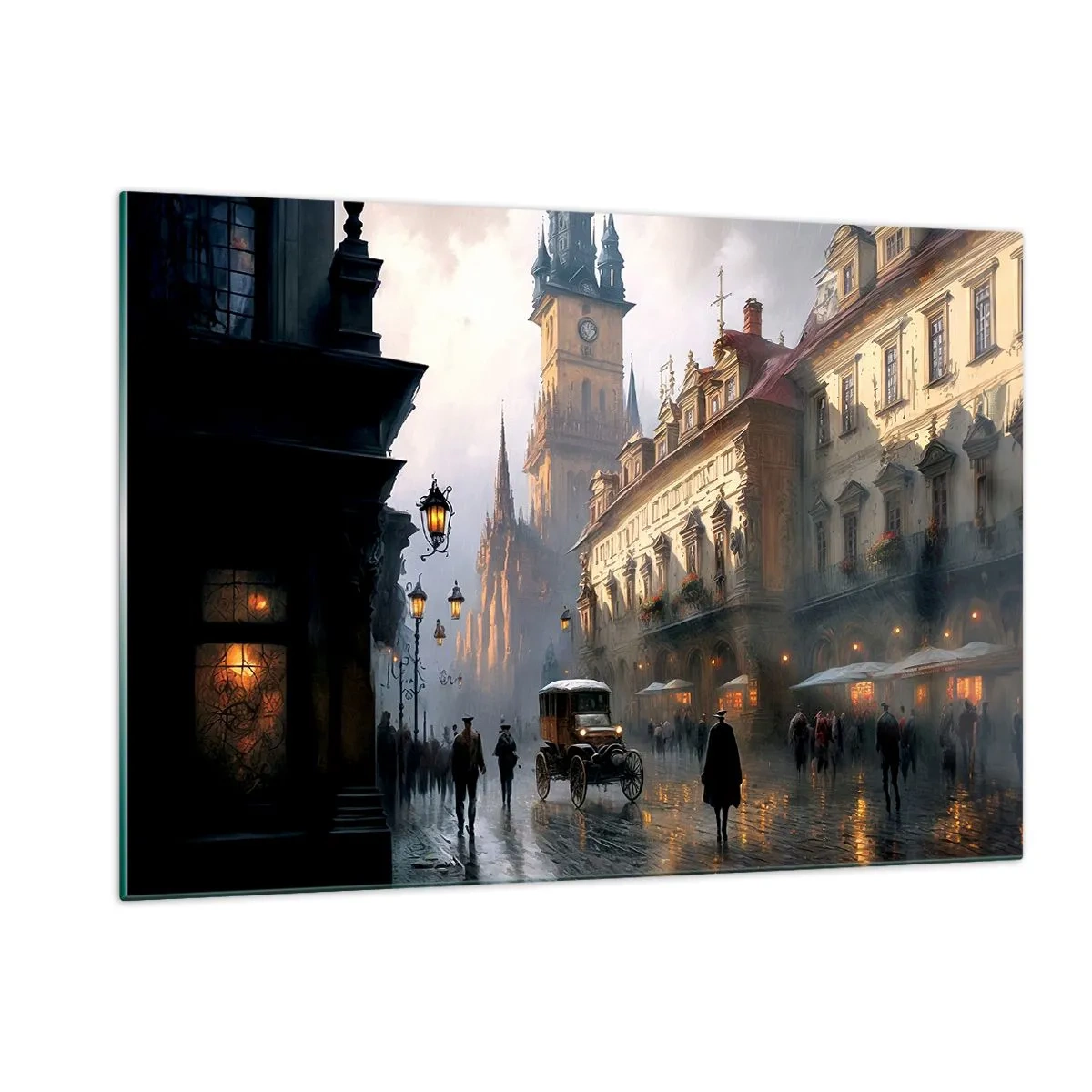Quadro su vetro - Una strada storica illuminata dalle lanterne al tramonto - 120x80cm - Il fascino delle sere di Praga - Decorazione murale moderna per soggiorno e camera da letto ARTTOR