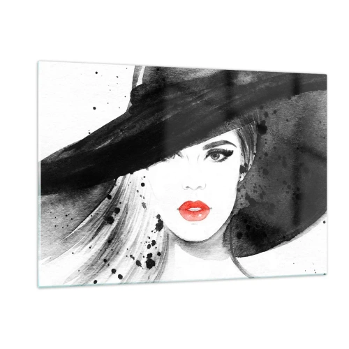 Quadro su vetro - Ritratto di una donna con un cappello nero e labbra rosse - 120x80cm - Donna in nero - Decorazione murale moderna per soggiorno e camera da letto ARTTOR
