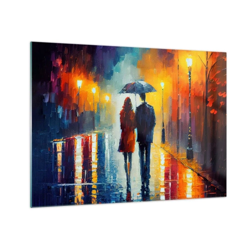 Quadro su vetro - Una coppia sotto un ombrello in una strada colorata di notte sotto la pioggia. - 70x50cm - Insieme la notte è colorata - Decorazione murale moderna per soggiorno e camera da letto ARTTOR