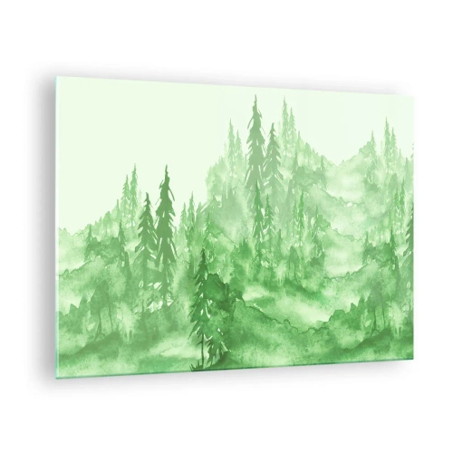 Quadro su vetro - Foresta verde in stile acquerello - 70x50cm - Sfocato da una nebbia verde - Decorazione murale moderna per soggiorno e camera da letto ARTTOR