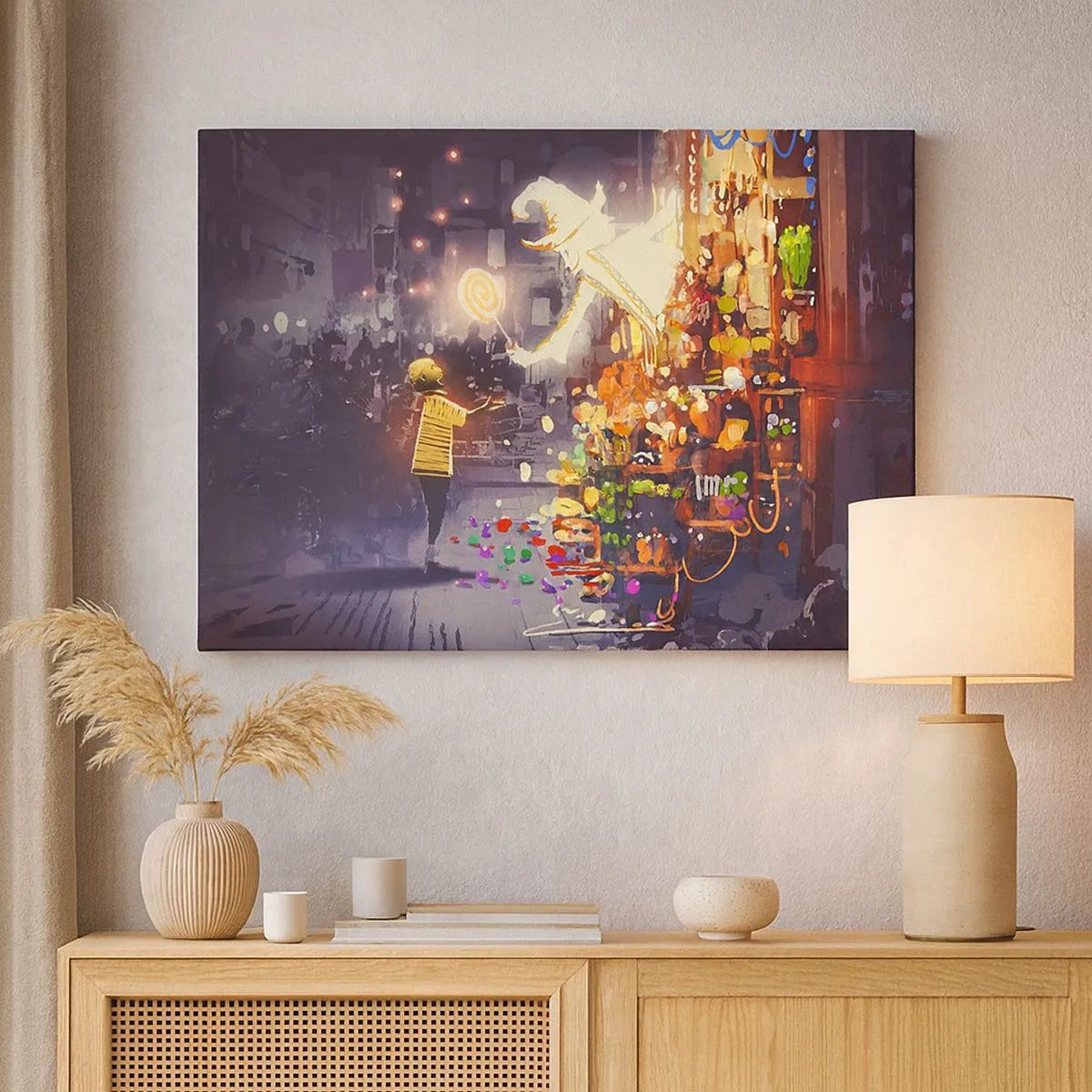 Quadro su tela - Stampe su Tela - Un personaggio delle fiabe e un bambino in una strada piena di luci e magia - 70x50cm - La magia esiste - Decorazione murale moderna per soggiorno e camera da letto ARTTOR