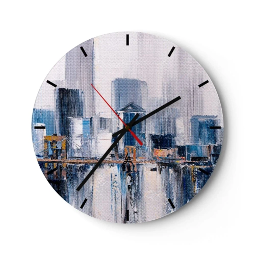 Orologio da parete - Orologio in Vetro - Panorama impressionista della città con grattacieli e un ponte - 30x30cm - Impressione di New York - Decorazione murale moderna per soggiorno, cucina e camera da letto ARTTOR