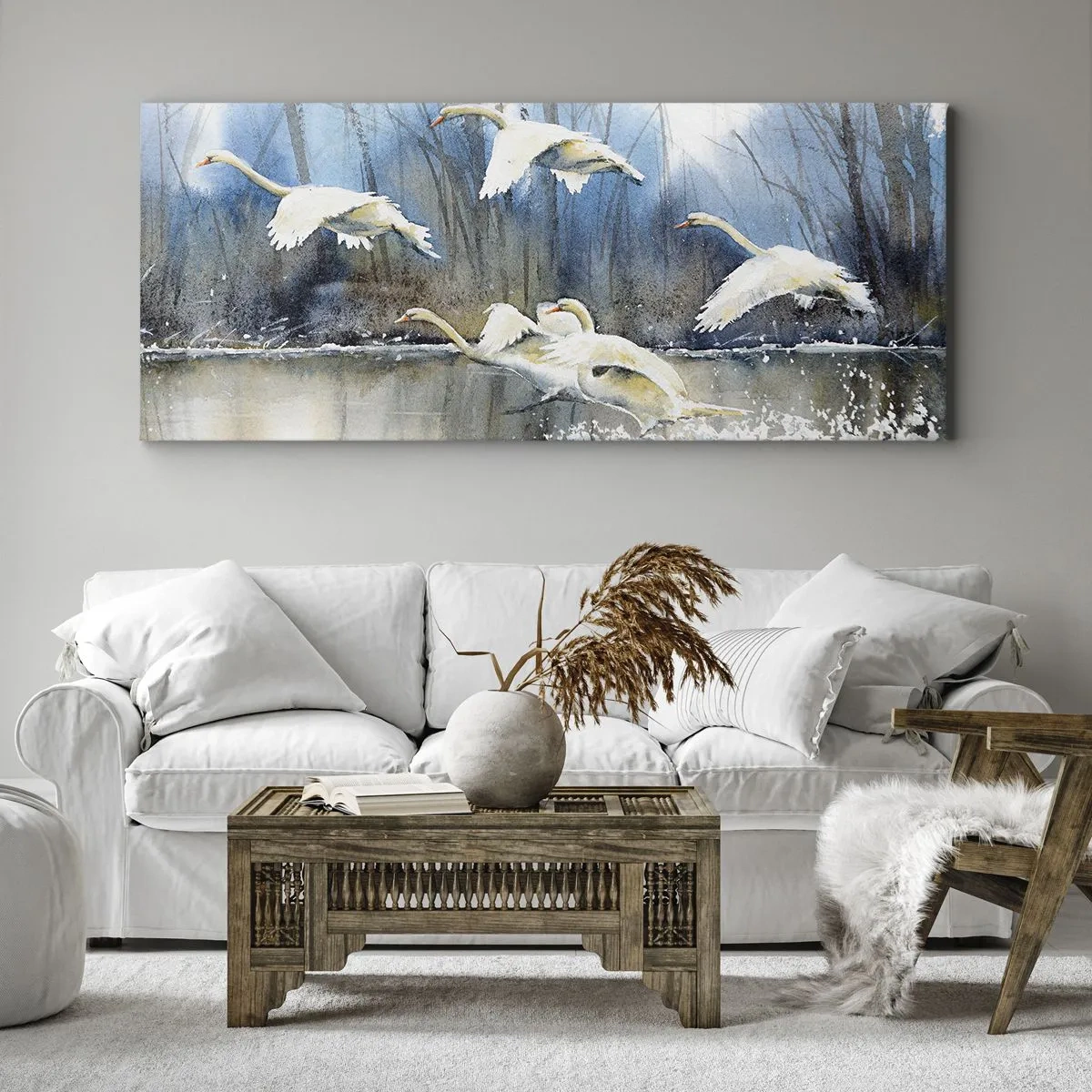 Quadro su tela - Stampe su Tela - Cigni in volo sopra un lago ghiacciato in un paesaggio invernale - 160x50cm - Come la favola dei cigni selvatici - Decorazione murale moderna per soggiorno e camera da letto ARTTOR