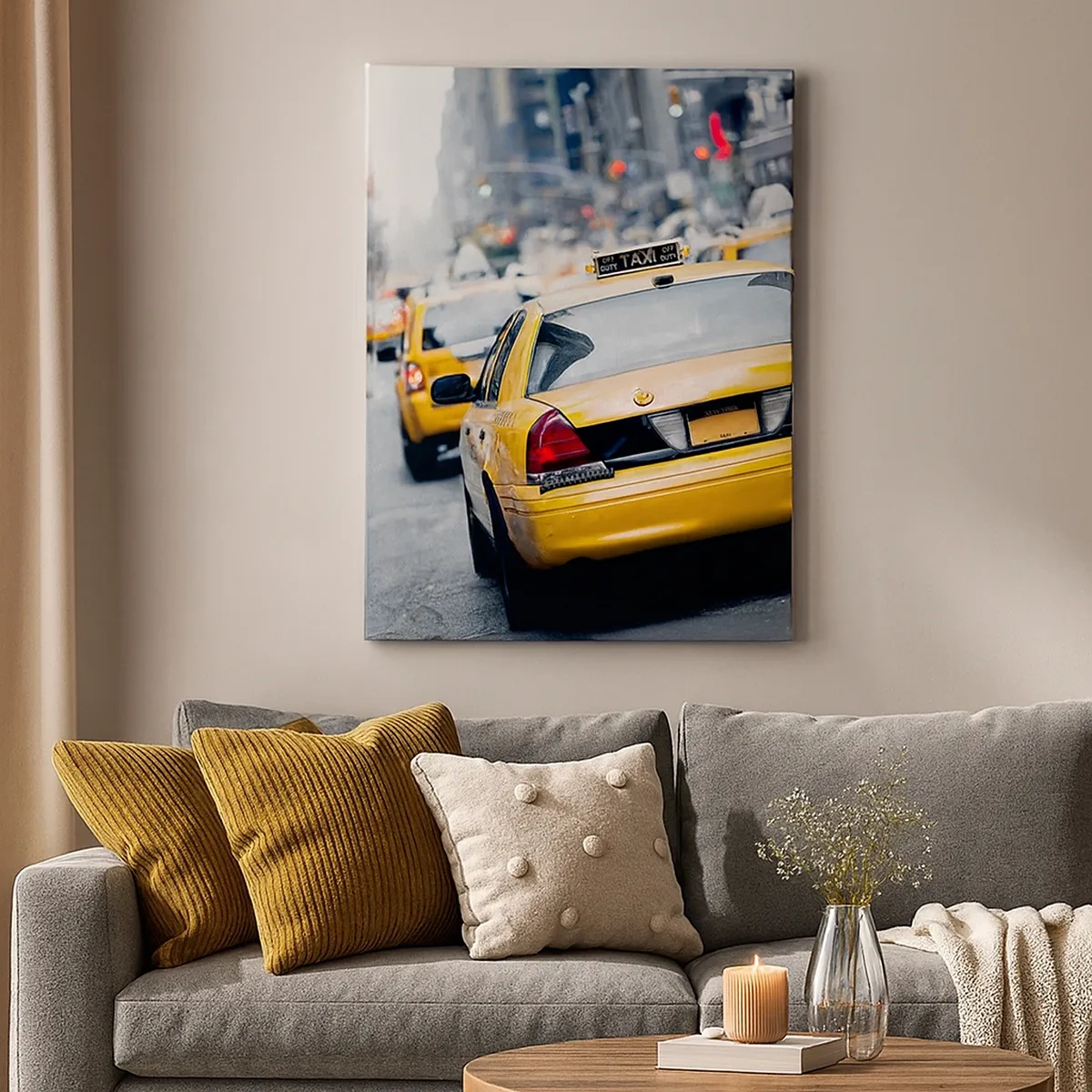 Quadro su tela - Stampe su Tela - Taxi gialli in una trafficata strada cittadina nel centro della metropoli - 50x70cm - Solamente in questa città - Decorazione murale moderna per soggiorno e camera da letto ARTTOR