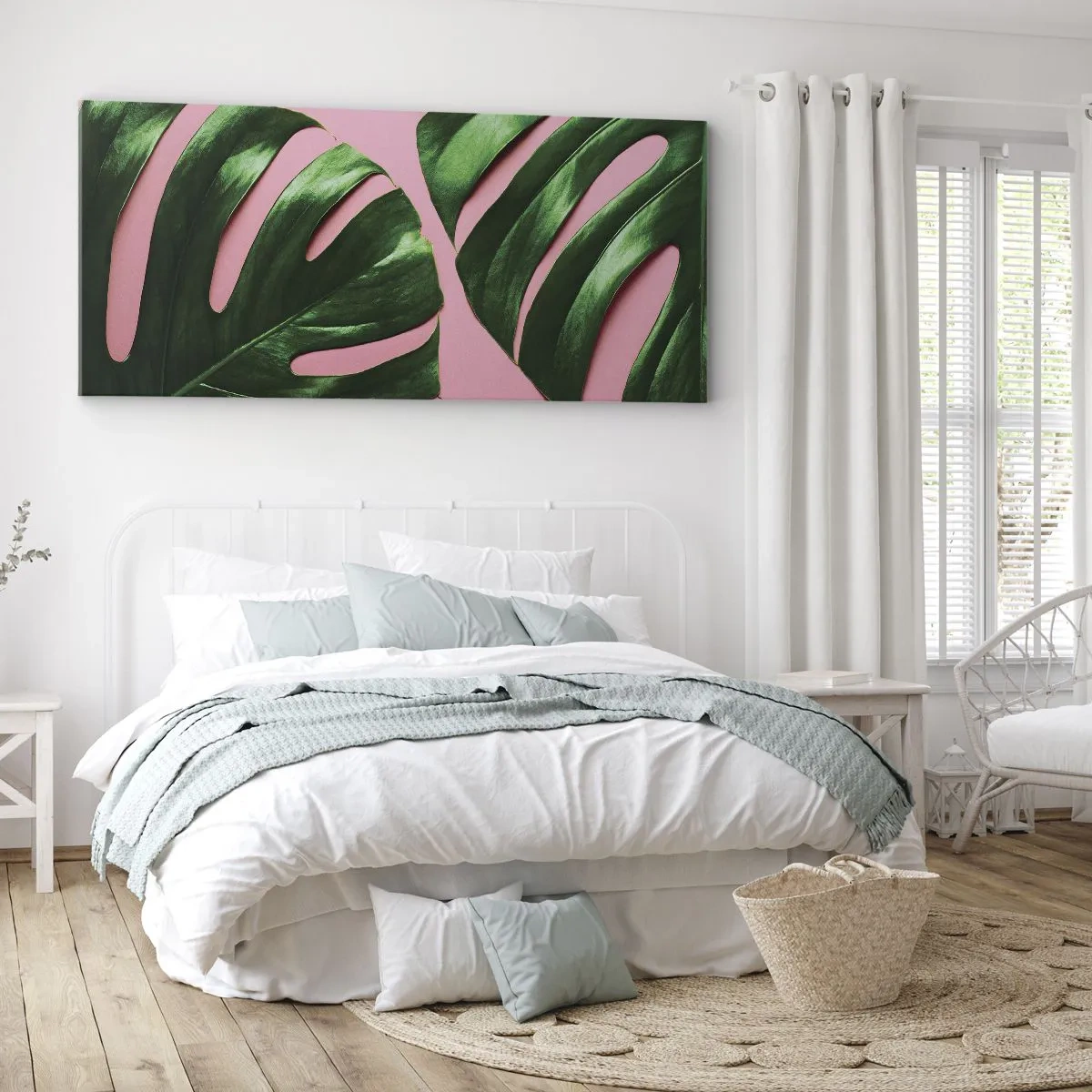 Quadro su tela - Stampe su Tela - Foglie di monstera verdi su sfondo rosa - 140x50cm - Appuntamento in verde - Decorazione murale moderna per soggiorno e camera da letto ARTTOR