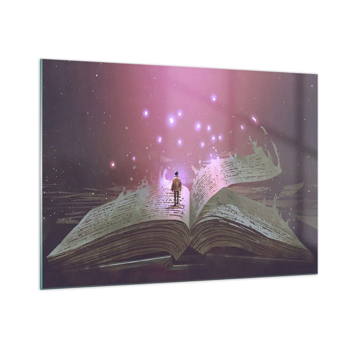 Quadro su vetro - Un libro aperto da cui fluttuano luci e stelle magiche - 100x70cm - Invito ad un altro mondo: leggi! - Decorazione murale moderna per soggiorno e camera da letto ARTTOR