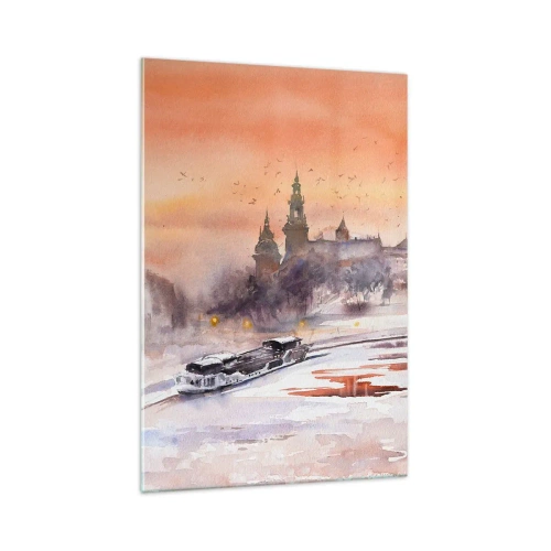 Quadro su vetro - Tramonto sul castello in uno scenario invernale - 70x100cm - Tramonto reale - Decorazione murale moderna per soggiorno e camera da letto ARTTOR