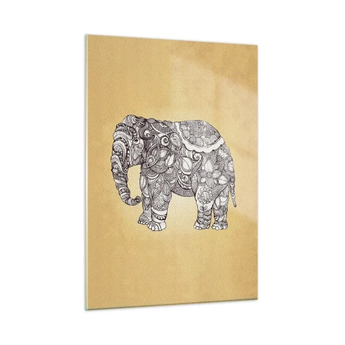 Quadro su vetro - Elefante bianco e nero con motivi orientali su sfondo beige - 50x70cm - L'elefante nascosto - Decorazione murale moderna per soggiorno e camera da letto ARTTOR