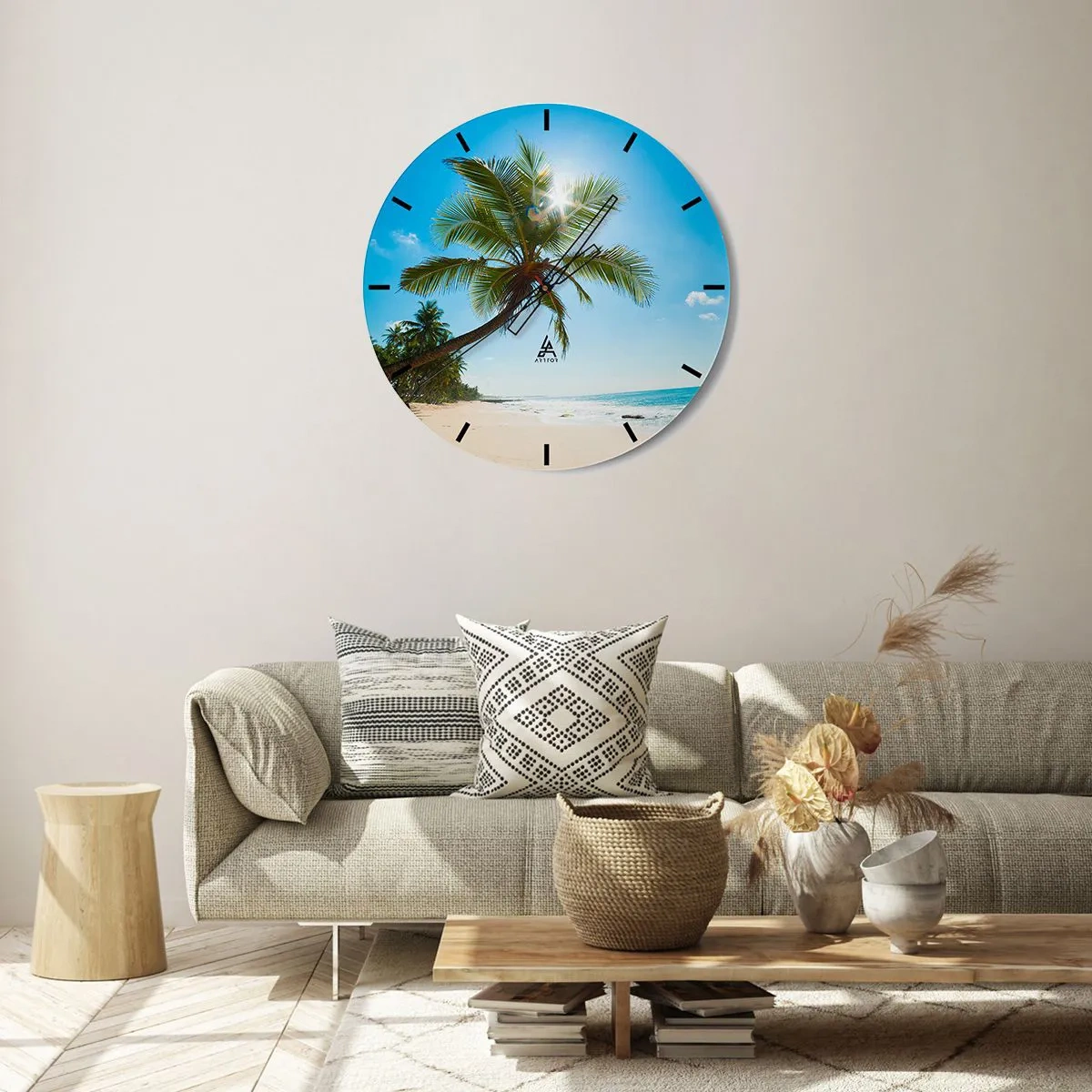 Orologio da parete - Orologio in Vetro - Spiaggia tropicale con palme e cielo azzurro illuminato dal sole - 30x30cm - Non farlo vedere a nessuno - Decorazione murale moderna per soggiorno, cucina e camera da letto ARTTOR