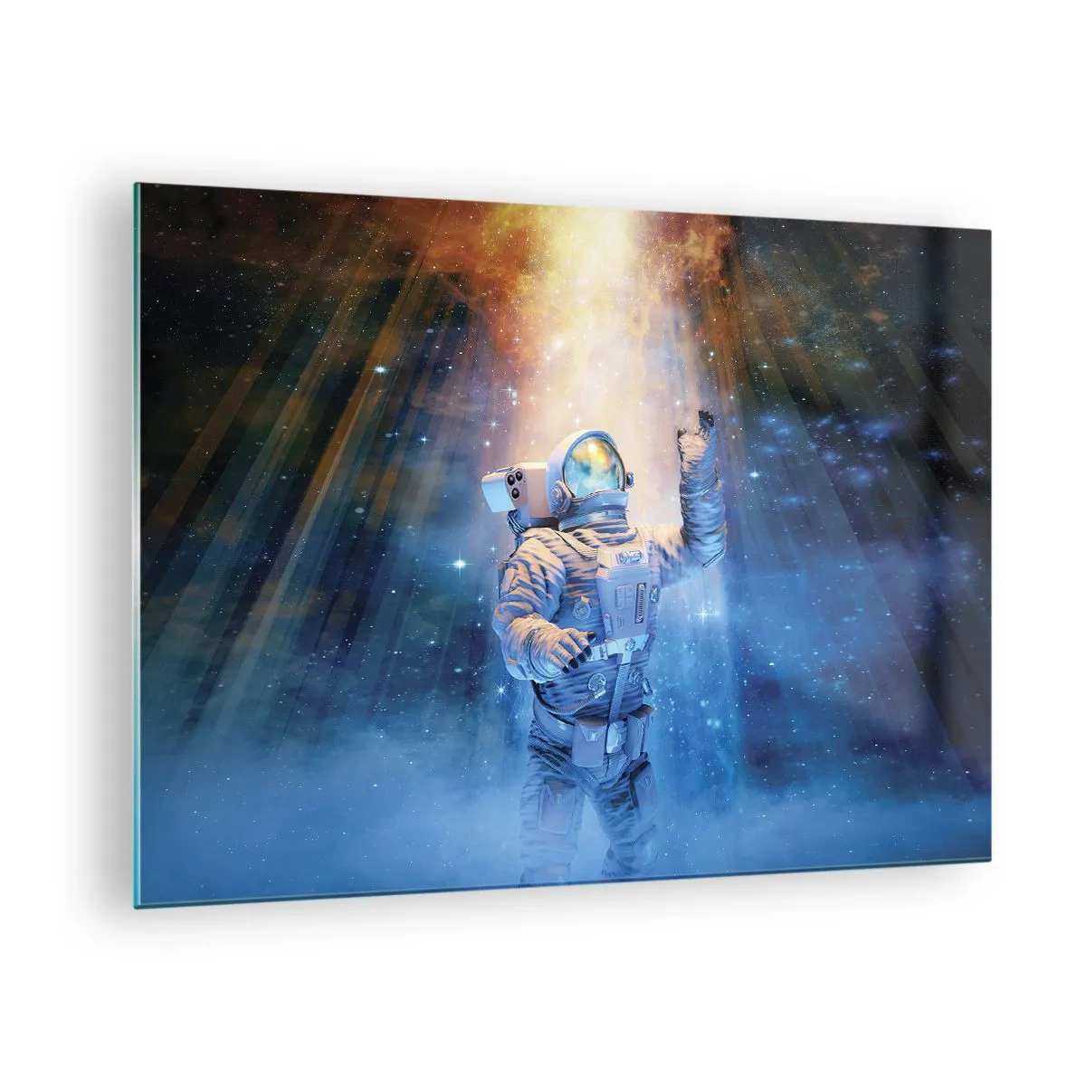 Quadro su vetro - Un astronauta nello spazio illuminato da raggi di luce - 70x50cm - Finalmente alla meta - Decorazione murale moderna per soggiorno e camera da letto ARTTOR
