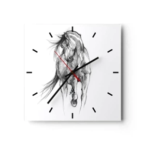 Orologio da parete - Orologio in Vetro - Schizzo in bianco e nero di un cavallo al galoppo - 30x30cm - Trotto aggraziato - Decorazione murale moderna per soggiorno e camera da letto ARTTOR