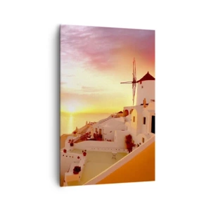 Quadro su tela - Stampe su Tela - Santorini al tramonto con un mulino a vento - 80x120cm - Sciogliersi nel bianco e nell'oro - Decorazione murale moderna per soggiorno e camera da letto ARTTOR