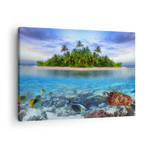 Quadro su tela - Stampe su Tela - Un'isola tropicale circondata da un oceano turchese con una barriera corallina e pesci. - 70x50cm - L'isola del paradiso dà il benvenuto - Decorazione murale moderna per soggiorno e camera da letto ARTTOR