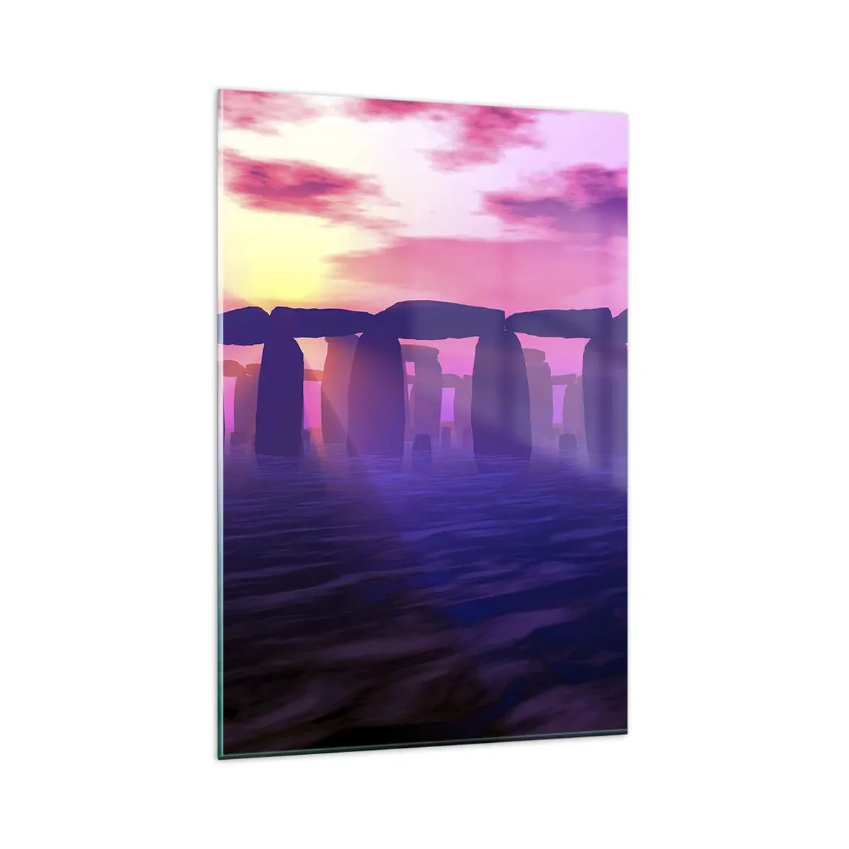 Quadro su vetro - Cerchio di pietre al tramonto con cielo viola - 80x120cm - Mistero in un'alba nebbiosa - Decorazione murale moderna per soggiorno e camera da letto ARTTOR