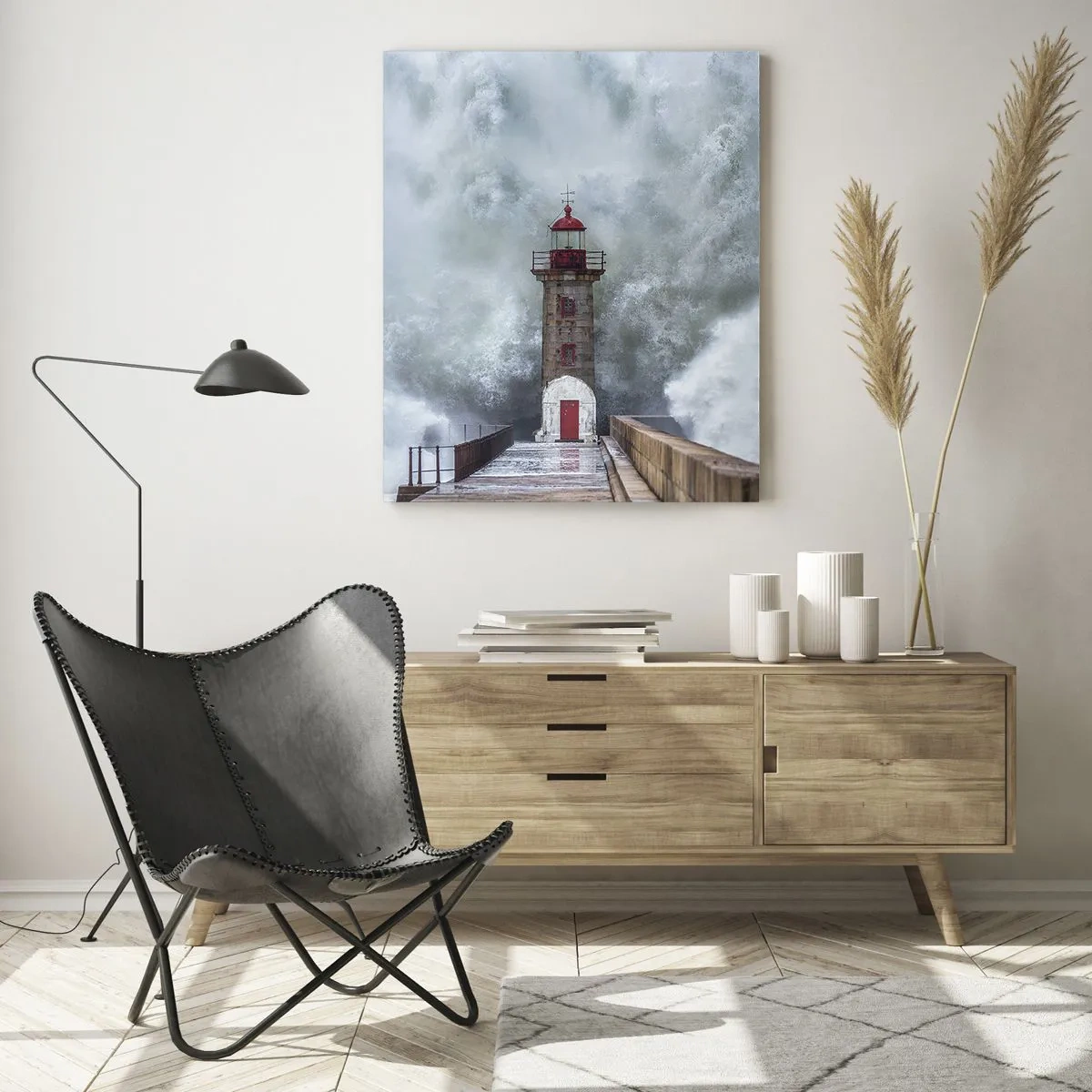 Quadro su vetro - Un faro circondato da onde agitate - 80x120cm - Fragore delle acque, rumore di tempesta - Decorazione murale moderna per soggiorno e camera da letto ARTTOR