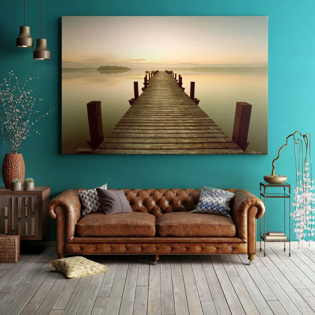 Quadro su tela - Stampe su Tela - Un molo di legno su un lago calmo al mattino - 120x80cm - Aurora, alba, luce - Decorazione murale moderna per soggiorno e camera da letto ARTTOR