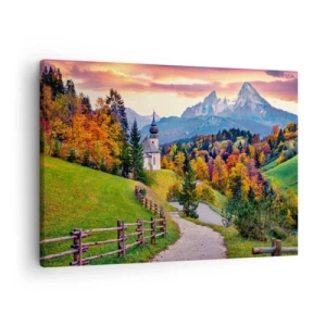 Quadro su tela - Stampe su Tela - Paesaggio montano autunnale con cappella e tramonto - 70x50cm - Un paesaggio come dipinto - Decorazione murale moderna per soggiorno e camera da letto ARTTOR