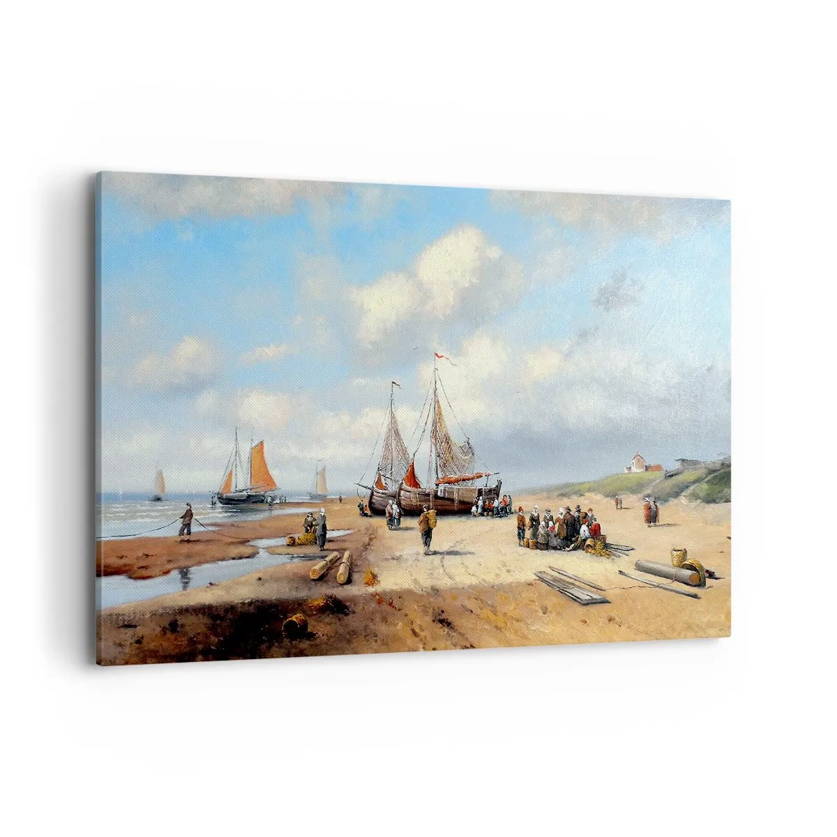 Quadro su tela - Stampe su Tela - Barche da pesca sulla spiaggia con figure umane - 120x80cm - Dopo una buona pesca - Decorazione murale moderna per soggiorno e camera da letto ARTTOR