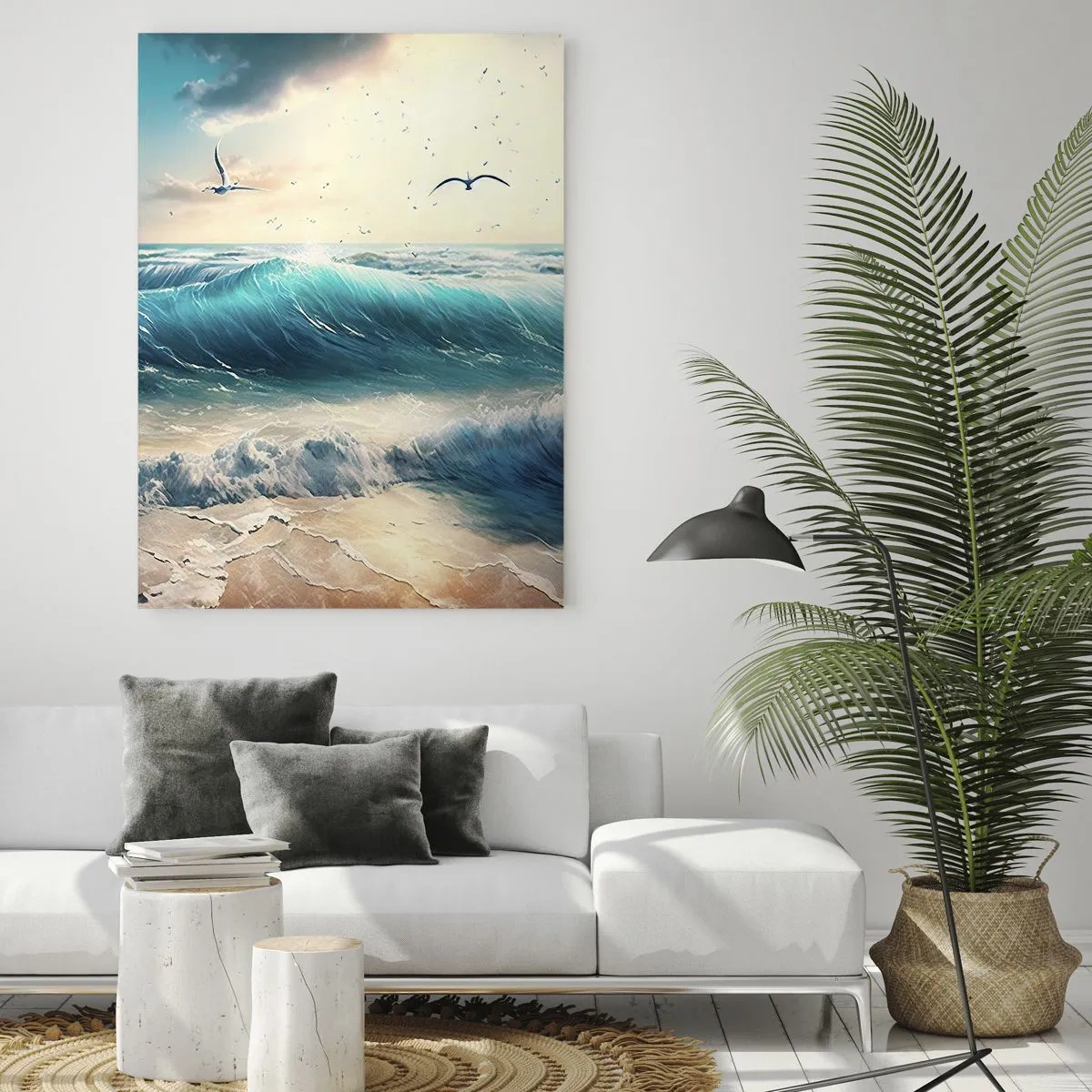 Quadro su vetro - Onde che si infrangono sulla riva nella luce del mattino - 50x70cm - Mormora solo per te - Decorazione murale moderna per soggiorno e camera da letto ARTTOR