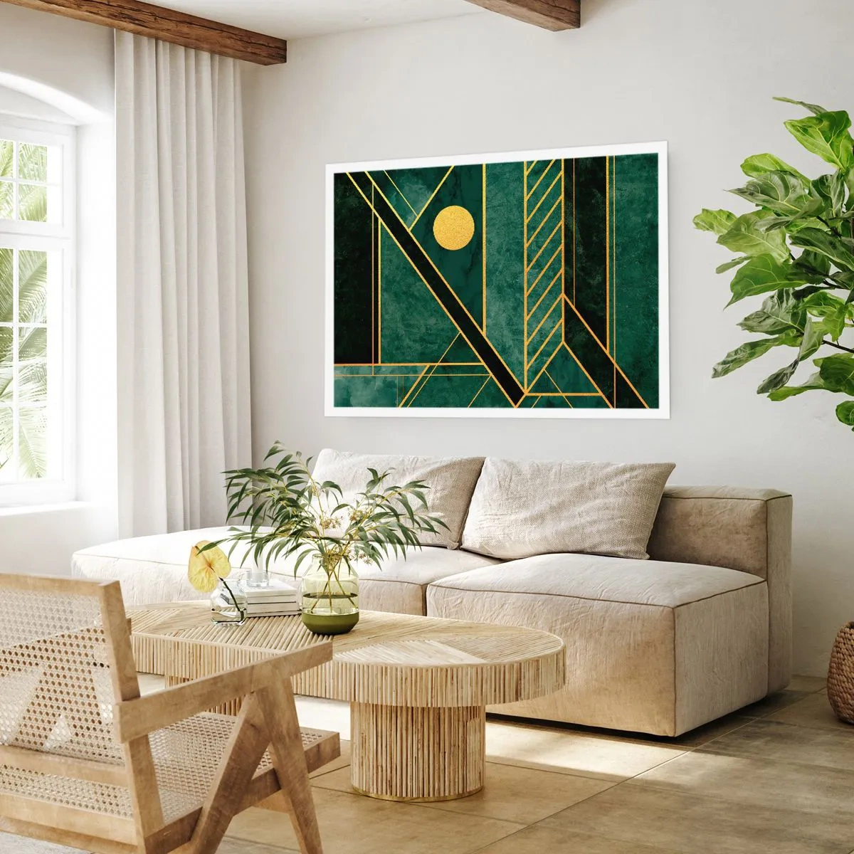 Poster - Design geometrico verde e oro con un motivo elegante - 100x70cm - Dinamica di oro e azzurro - Decorazione murale moderna per soggiorno e camera da letto ARTTOR