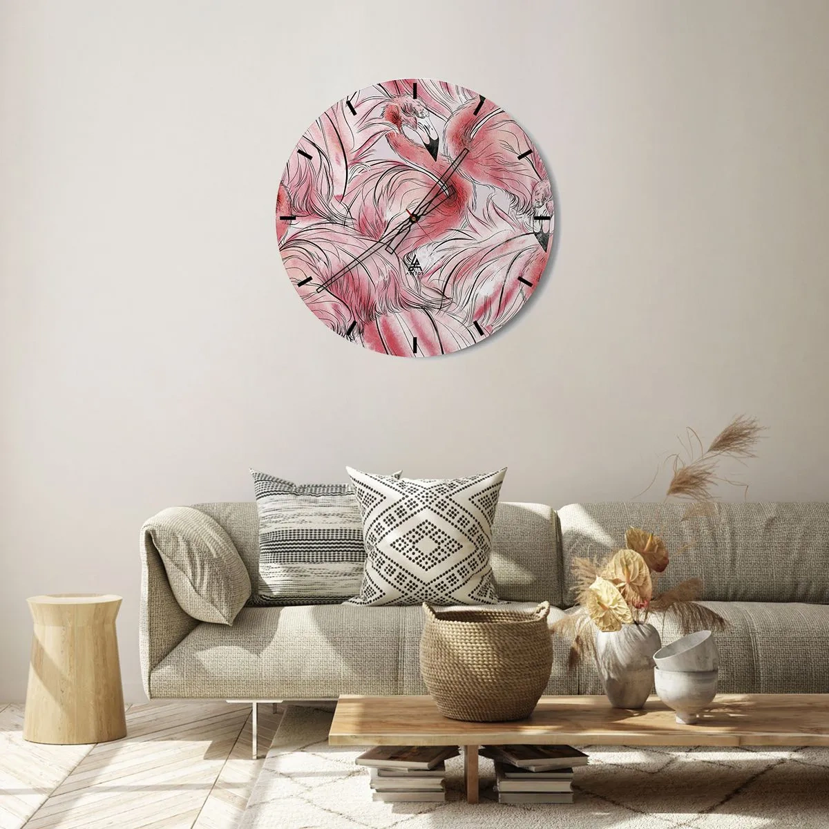 Orologio da parete - Orologio in Vetro - Fenicotteri rosa in una composizione dinamica e artistica - 30x30cm - Corpo di ballo alato - Decorazione murale moderna per soggiorno, cucina e camera da letto ARTTOR