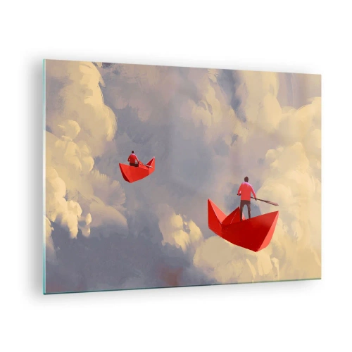 Quadro su vetro - Due persone su barche rosse contro un cielo nuvoloso - 70x50cm - La spedizione dei sognatori - Decorazione murale moderna per soggiorno e camera da letto ARTTOR