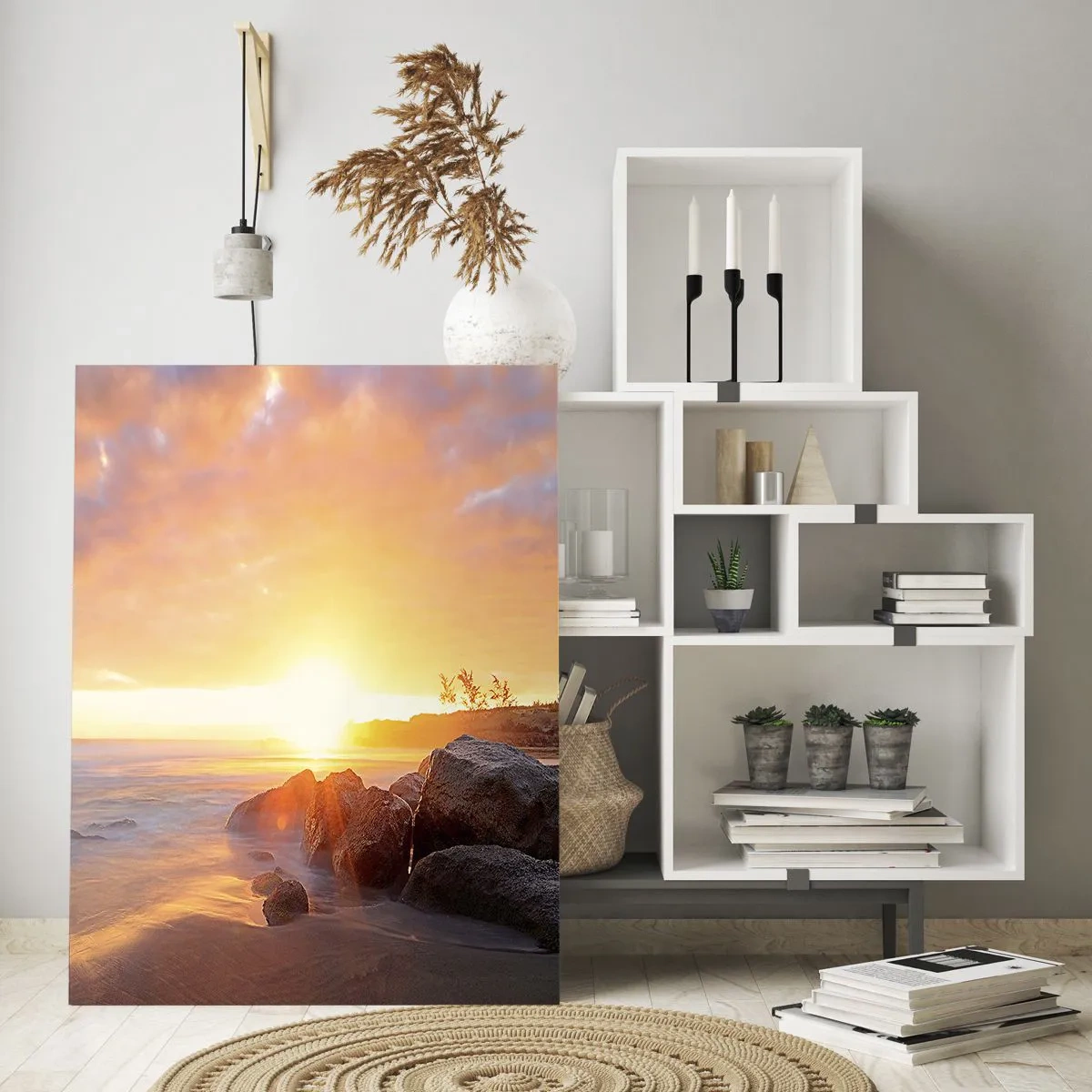 Quadro su vetro - Tramonto sulla costa rocciosa - 80x120cm - La luminosa brezza della sera - Decorazione murale moderna per soggiorno e camera da letto ARTTOR
