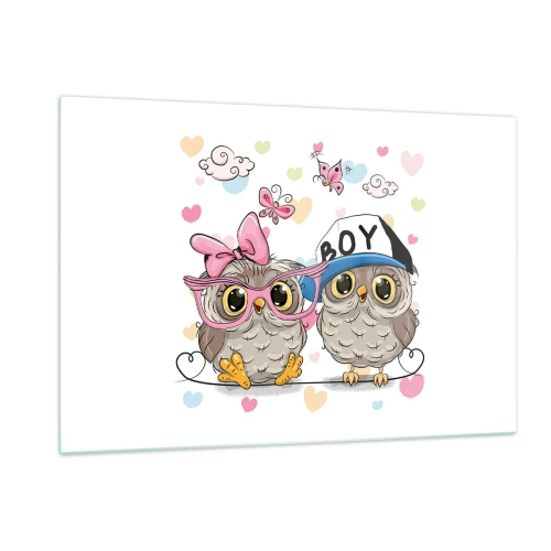 Quadro su vetro - Una coppia di allegri gufi in una composizione pastello - 120x80cm - Amiamoci! - Decorazione murale moderna per soggiorno e camera da letto ARTTOR