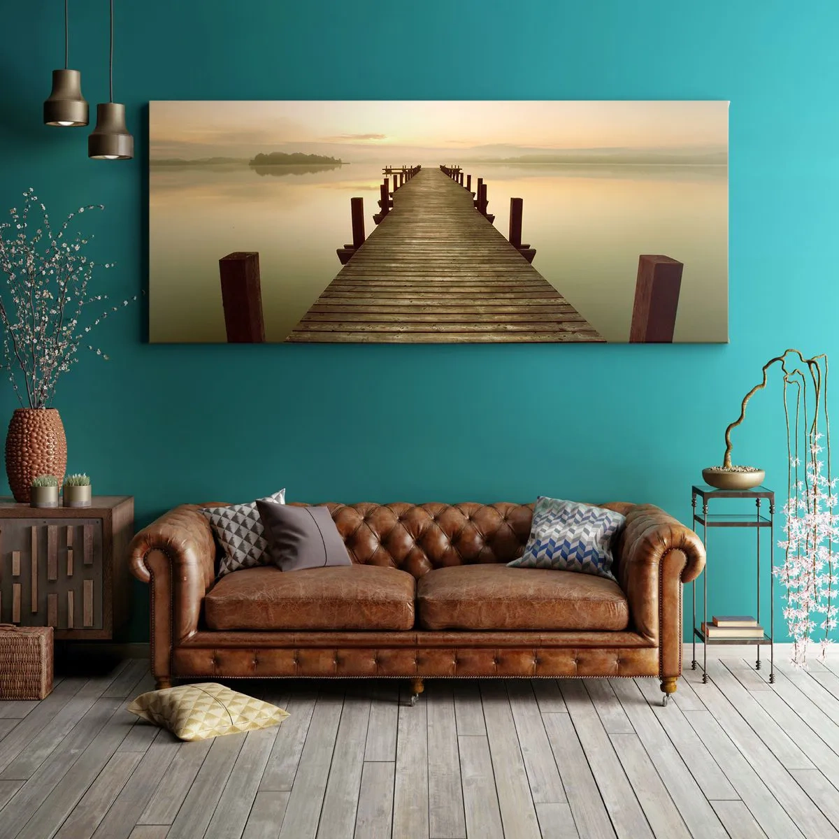 Quadro su tela - Stampe su Tela - Un molo di legno su un lago calmo al mattino - 120x50cm - Aurora, alba, luce - Decorazione murale moderna per soggiorno e camera da letto ARTTOR
